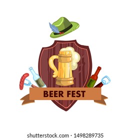 Vector hand drawn Oktoberfest pub logo with pretzel, mug with beer, Tyrolean hat, bottles, fork with sausage, bottle opener and wooden shield. Isolated on white. 