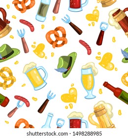 Vector hand drawn Oktoberfest seamless pattern with Tyrolean hat, sausages, pretzel, mugs of beer, glass, openers, forks, hearts. Isolated on white.