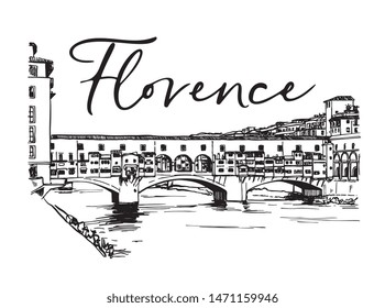 Vector Hand Drawn Old Bridge Of Florence In Italy Ink Sketch Illustration