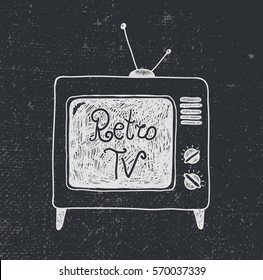 Vector hand drawn old, retro tv illustration, poster. Mock up. Black and white