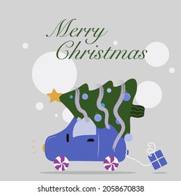Vector de coche de escuela antigua con árbol de Navidad y presente, Para tarjetas, web, cuadernos, etc. Vamos a llevar el árbol de Navidad a casa