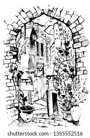 vector Hand drawn of Old Street . Watercolor sketch illustration . Illustration of city street. Watercolor Art .