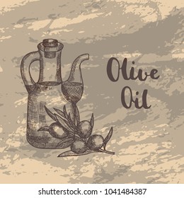 Vector hand drawn olive branche with oil bottle on grunge texture illustration