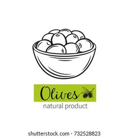 Vector hand drawn olives in a bowl icon badge in the old ink sketch style for brochures, banner, restaurant menu and market