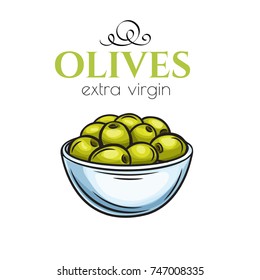Vector hand drawn olives in a bowl icon badge in the old ink sketch style for brochures, banner, restaurant menu and market.
