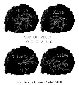 Vector hand drawn olives collection on a black background.Silhouettes of olives. Healthy food. Ingredients for cooking. Menu and posters design