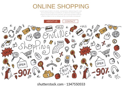Vector hand drawn online shopping concept. Doodle outline store landing page website template. Sale shop discount banner in sketch style. Infographic ink set