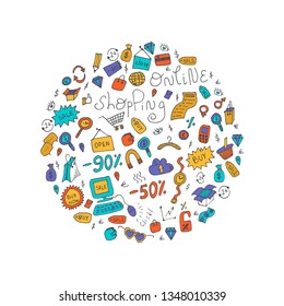 Vector hand drawn online shopping set on circle concept. Doodle outline illustration of sale discount, retail stores objects, shop elements. For landing page website, banner template, poster