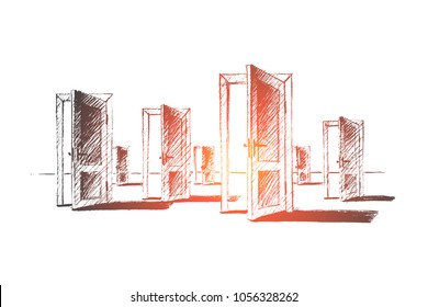 Vector hand drawn open doors concept sketch. Many open doors meaning problem of right choice and new opportunities.