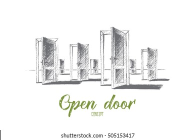 Vector hand drawn open doors concept sketch. Many open doors meaning problem of right choice and new opportunities. Lettering Open door concept