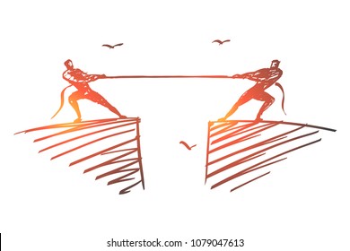 Vector hand drawn opposition concept sketch with two men dragging rope to different sides from opposite rock edges