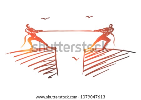 Vector hand drawn opposition concept sketch with two men dragging rope to different sides from opposite rock edges