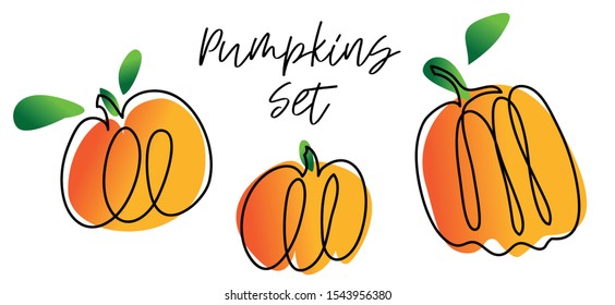 Vector hand drawn orange editable pumpkins set isolated on white. Halloween thanksgiving vector clipart composition. Cute cartoon line art. Holiday greeting card, banner, poster, social media template