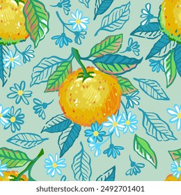Vector hand drawn orange fruits seamless pattern. Illustrations of bright citrus fruits, oranges and flowers in the style of expressionism