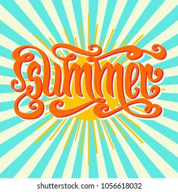 Vector hand drawn orange word Summer over background with sun rays.