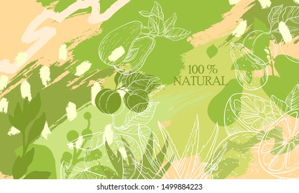 Vector hand drawn organic abstract background “100% Natural” with brushstroke of green and yellow spots. With fruits sketched in white engraving. For your vegan and natural products.