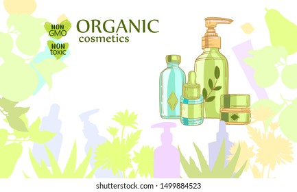 Vector hand drawn organic cosmetics banner with silhouettes of plants and bottles. Natural cream, shampoo, serum on white background in engraving style.