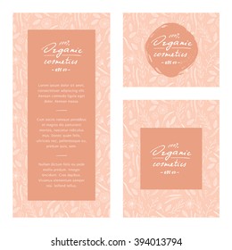 Vector hand drawn organic cosmetics template, banner, flyer, concept, branding design. Includes floral seamless pattern.