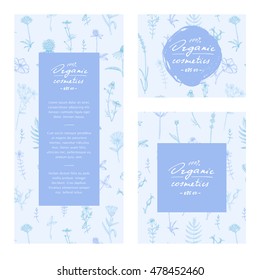Vector hand drawn organic cosmetics template, banner, flyer, concept, branding design. Includes floral seamless pattern.
