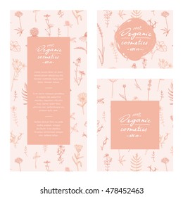 Vector hand drawn organic cosmetics template, banner, flyer, concept, branding design. Includes floral seamless pattern.