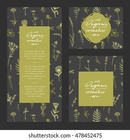 Vector hand drawn organic cosmetics template, banner, flyer, concept, branding design. Includes floral seamless pattern.