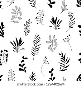 Vector hand drawn organic floral seamless pattern. Artistic botanical endless background in black and white. Monochromatic spring summer forest seamless backdrop. Cosmetics package surface design