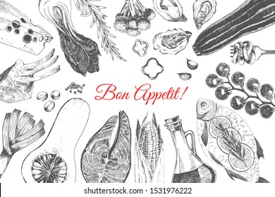 vector hand drawn organic food collection. locally grown vegetables, salmon, cheese, trout, rib steak, oysters. healthy diet ingredients for restaurant design template