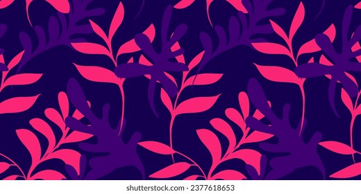 Vector hand drawn organic shape stem leaves seamless pattern. Colorful purple pink, dark modern, simple  print. Template for design, fashion, textile, fabric, wallpaper