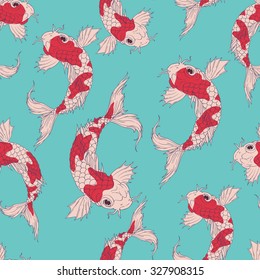 vector hand drawn oriental pattern with rainbow carps. Seamless oriental texture with isolated vintage fishes. Asian natural background in vector