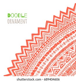 Vector hand drawn ornamental corner background isolated on white background. Doodle geometric pattern design template. Ornamental detailed sun illustration.