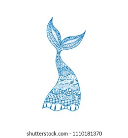 Vector hand drawn ornamental mermaid and whale tail. Blue mermaid tail on white background.