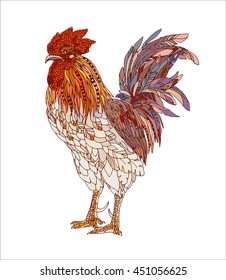 vector hand drawn, ornamental rooster, multicolored