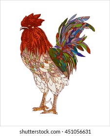 vector hand drawn, ornamental rooster, multicolored
