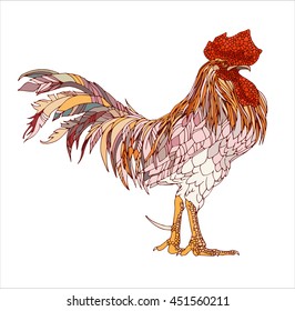 vector hand drawn, ornamental rooster, multicolored