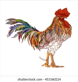 vector hand drawn, ornamental rooster, multicolored
