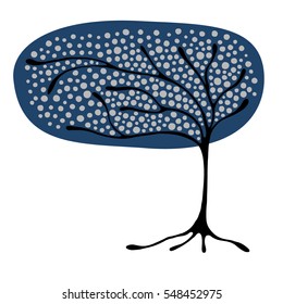 Vector hand drawn ornamental stylized tree. Blue graphic illustration isolated on the white background. Hand drawing silhouette. Decorative artistic abstract branch.