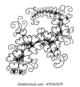 Vector hand drawn ornate floral pattern in zen tangle style. Black and white graphic doodle flower with hearts. Valentines day illustration