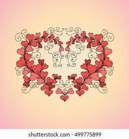 Vector hand drawn ornate floral pattern heart consists of hearts in zen tangle style on pink and yellow background. Valentines day illustration