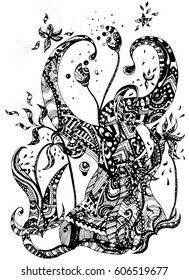 Vector hand drawn ornate floral pattern in zentangle style. Black and white graphic doodle flower with abstract forms