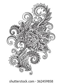 Vector Hand Drawn Ornate Flower Pattern In Zentangle Style. Black And White Graphic Doodle Illustration.