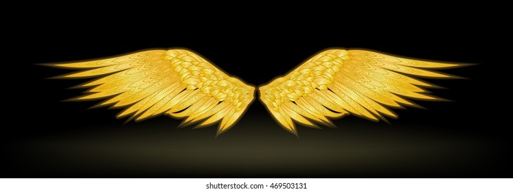 Vector hand drawn ornate golden angel wings in zentangle style. Doodle illustration on black background 