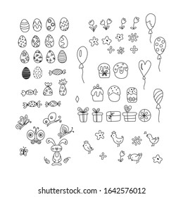 Vector hand drawn outline big set of Easter. Gift box, ornament, candy, lollipop, egg, balloon, tulip, cake, butterfly and chicken. Coloring book design element. Greeting card templates. Illustration
