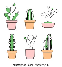 Vector hand drawn outline cactus in pots with color elements illustration