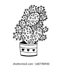 Vector hand drawn outline cactus in flowerpot. Cute hand drawn cactus print isolated on white. Doodle illustration.