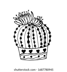 Vector hand drawn outline cactus in flowerpot. Cute hand drawn cactus print isolated on white. Doodle illustration.
