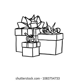 Vector hand drawn outline doodle of pile of three different sized gift boxes with ribbons and bows, isolated on white background. Birthday or Chrismas card design element.