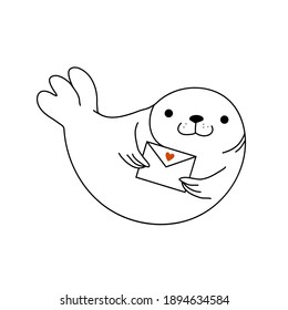 Vector hand drawn outline doodle icon romantic fur seal holds Valentine's card. Ocean animal illustration isolated on white background.