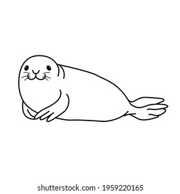 Vector hand drawn outline doodle icon fur seal isolated on white background. Happy seal lying on the beach and smiling. Ocean animal illustration.