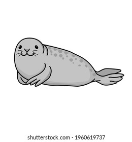 Vector hand drawn outline doodle icon fur seal isolated on white background. Happy gray seal lying on the beach and smiling. Ocean animal illustration.