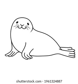Vector hand drawn outline doodle icon fur seal isolated on white background. Happy seal lying on the beach and smiling. Cute ocean animal illustration.